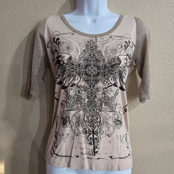 Daytrip Small Beige/Taupe Rhinestone Cross Raglan Top w/ Draped Back - Picture 1 of 3